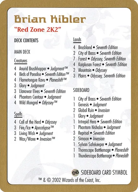 Brian Kibler Decklist, carte Magic WC02 bk0b — extension World Championship Decks 2002