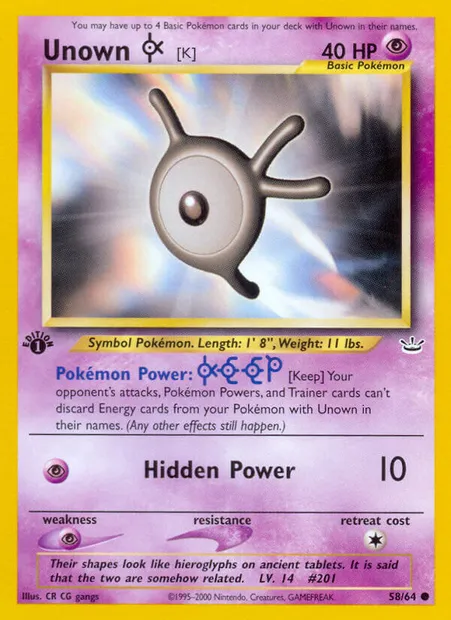 Unown [K], Pokémon card NR 58 — Neo Revelation set