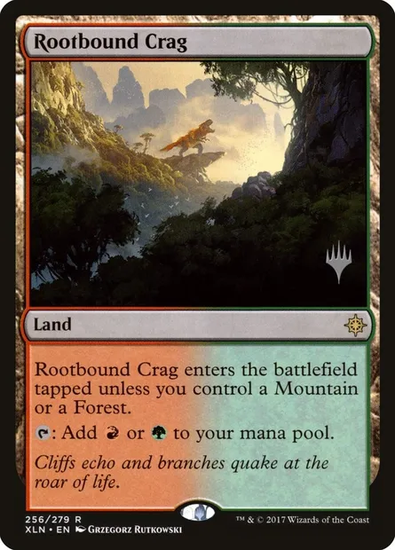 Rootbound Crag, Magic card PXLN 256p — Ixalan Promos set