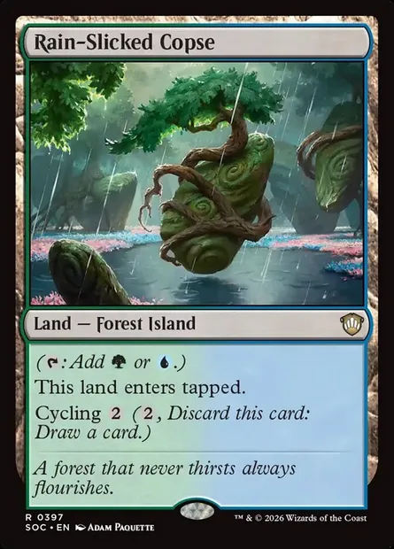 Rain-Slicked Copse, Magic card SOC 397 — Secrets of Strixhaven Commander set