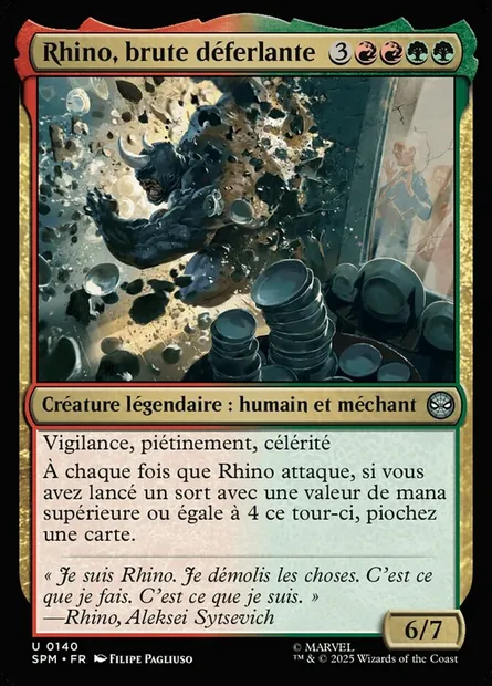 Rhino, brute déferlante, carte Magic SPM 140 — extension Marvel's Spider-Man