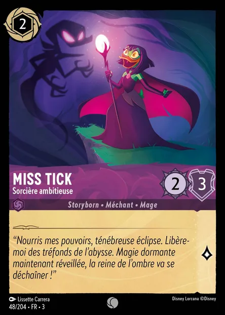 Miss Tick - Sorcière ambitieuse, carte Disney Lorcana CH3-048 — extension Les Terres d'Encres