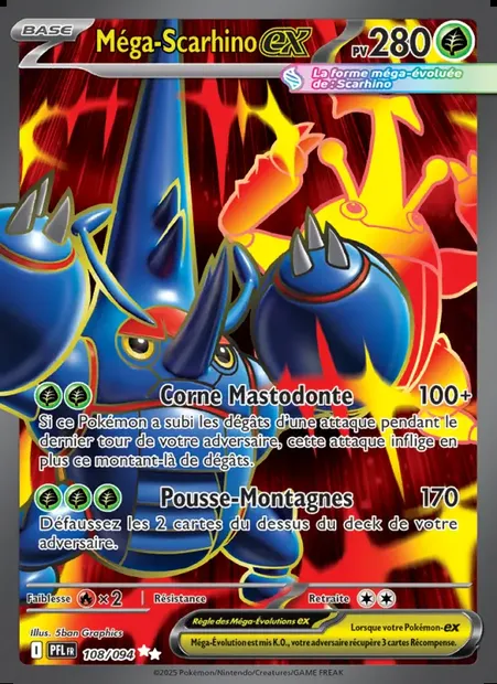 Méga-Scarhino-ex, carte Pokémon PFL 108 — extension Flammes Fantasmagoriques