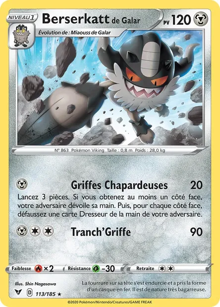Berserkatt de Galar, carte Pokémon VIV 113 — extension Voltage Éclatant