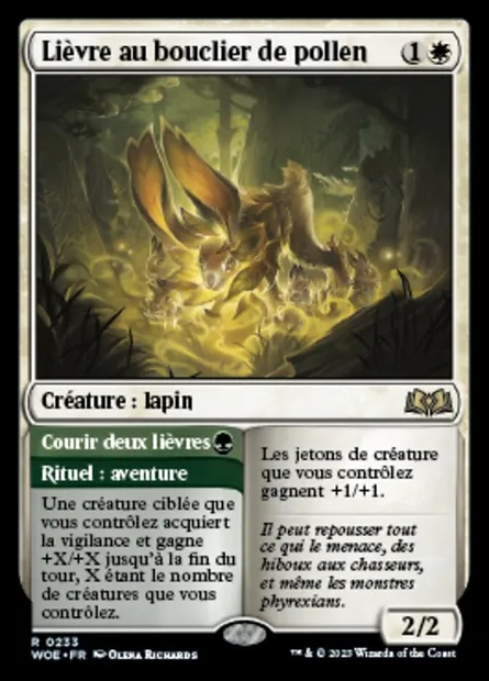 Lièvre au bouclier de pollen // Courir deux lièvres, carte Magic WOE 233 — extension Wilds of Eldraine