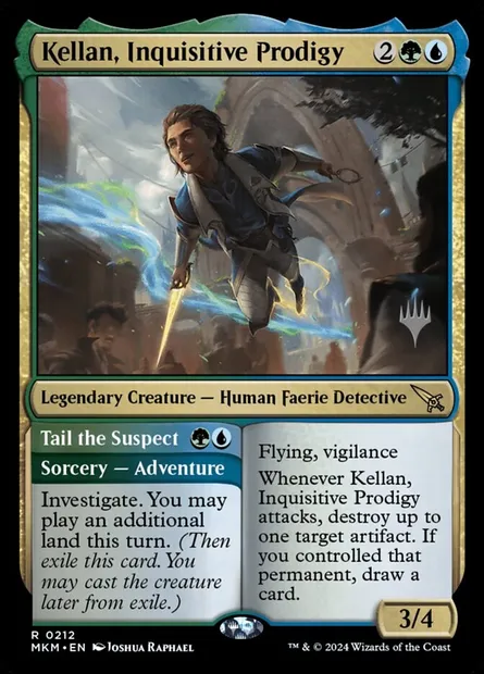 Kellan, Inquisitive Prodigy // Tail the Suspect, Magic card PMKM 212p — Murders at Karlov Manor Promos set