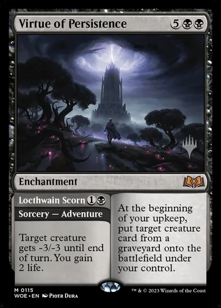 Vertu de persistance // Mépris selon Locthwain, carte Magic PWOE 115p — extension Wilds of Eldraine Promos
