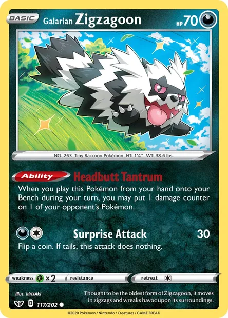 Galarian Zigzagoon, Pokémon card SSH 117 — Sword & Shield set