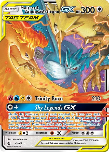 Moltres & Zapdos & Articuno GX, Pokémon card HIF 44 — Hidden Fates set