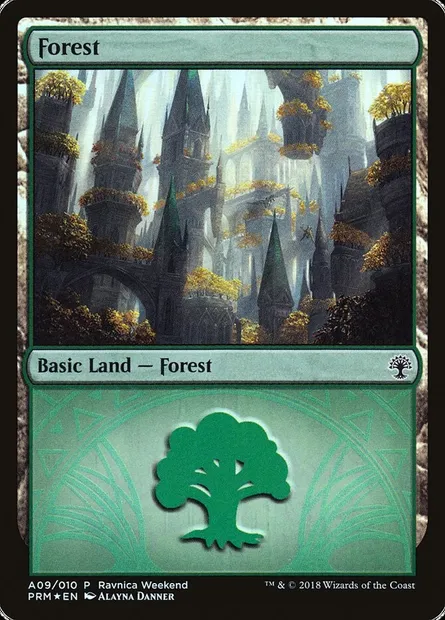 Forest, Magic card PRWK A09 — GRN Ravnica Weekend set