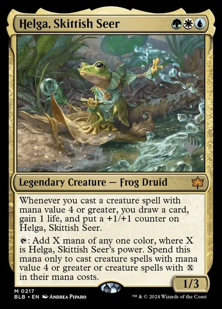 Helga, Skittish Seer, Magic card PBLB 217p — Bloomburrow Promos set