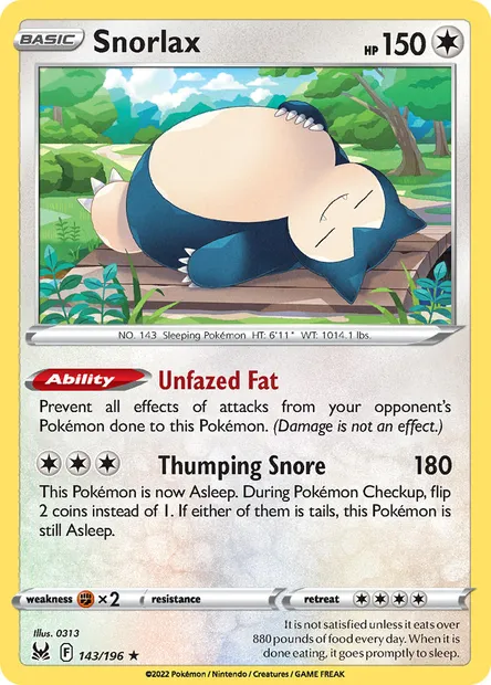 Snorlax, Pokémon card LOR 143 — Lost Origin set