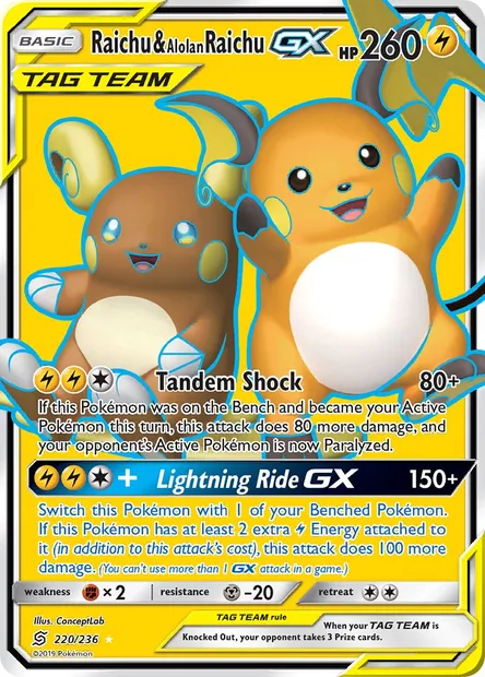 Raichu & Alolan Raichu GX, Pokémon card UNM 220 — Unified Minds set