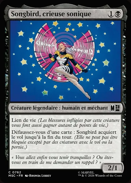 Songbird, crieuse sonique, carte Magic MSC 762 — extension Marvel Super Heroes Commander