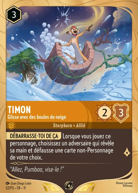 Timon - Glisse avec des boules de neige, carte Disney Lorcana P3-032 — extension P3