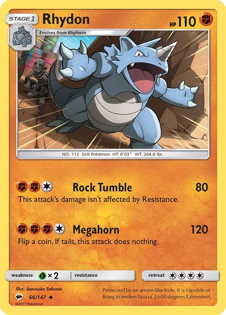 Rhydon, Pokémon card BUS 66 — Burning Shadows set