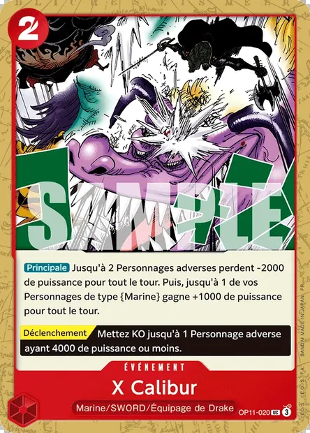 X Calibur, carte One Piece OP11-020 — extension DES POINGS VIFS COMME L'ÉCLAIR