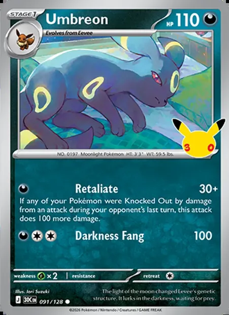 Umbreon, Pokémon card 30C 091 — 30th Celebration set