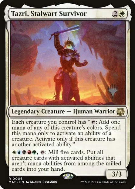 Tazri, Stalwart Survivor, Magic card PMAT 6p — March of the Machine: The Aftermath Promos set