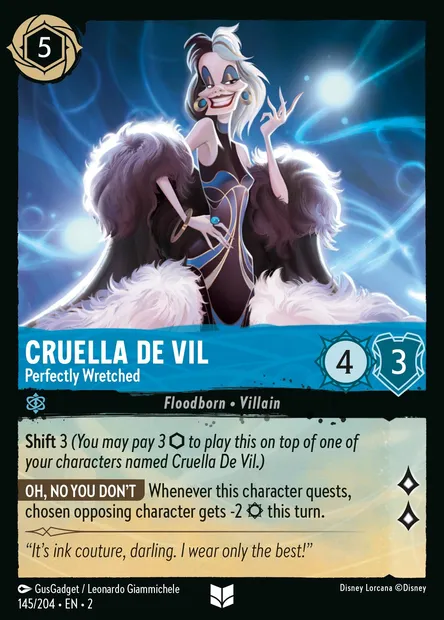 Cruella De Vil - Perfectly Wretched, Disney Lorcana card CH2-145 — Rise of the Floodborn set