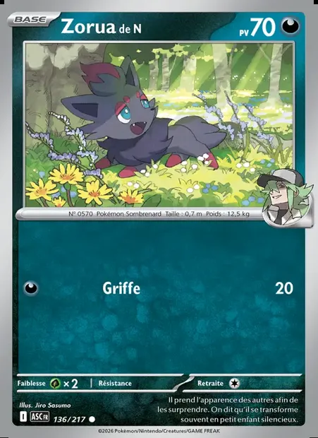 Zorua de N, carte Pokémon ASC 136 — extension Héros Transcendants