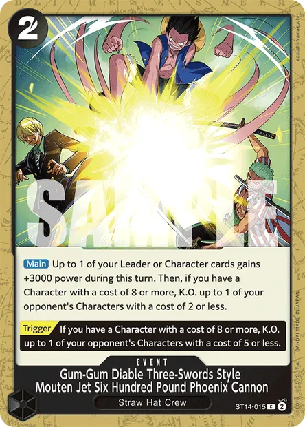Gum-Gum Diable Three-Swords Style Mouten Jet Six Hundred Pound Phoenix Cannon, One Piece card ST14-015 — 3D2Y set