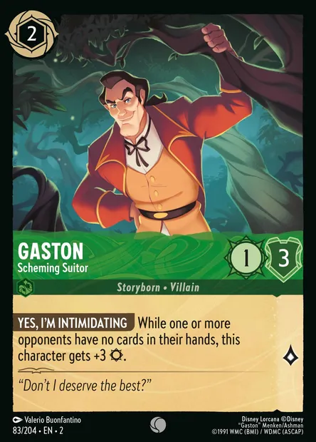 Gaston - Scheming Suitor, Disney Lorcana card CH2-083 — Rise of the Floodborn set