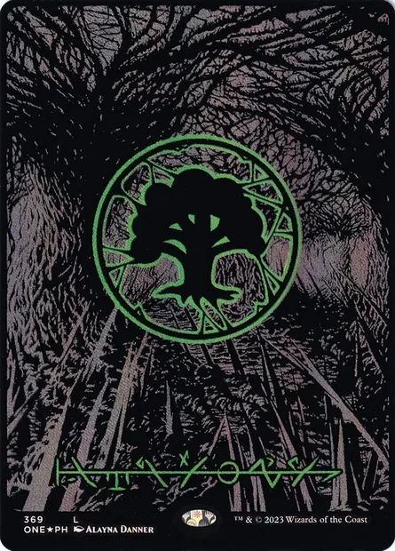 Forest, Magic card ONE 369 — Phyrexia: All Will Be One set