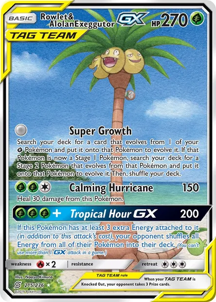 Rowlet & Alolan Exeggutor GX, Pokémon card UNM 215 — Unified Minds set