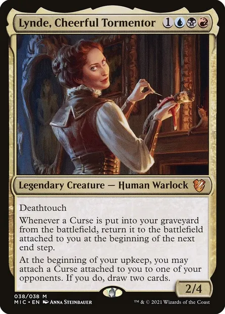 Lynde, Cheerful Tormentor, Magic card MIC 38 — Midnight Hunt Commander set