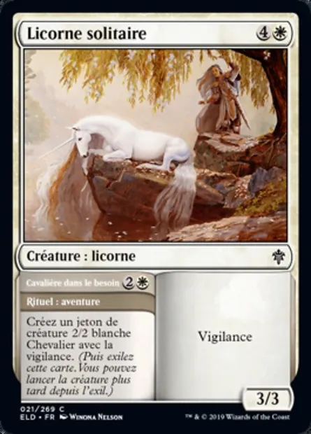 Licorne solitaire // Cavalière dans le besoin, carte Magic ELD 21 — extension Throne of Eldraine