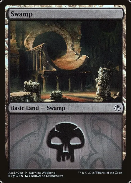 Swamp, Magic card PRWK A05 — GRN Ravnica Weekend set