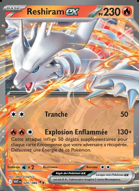 Reshiram-ex, carte Pokémon WHT 020 — extension Flamme Blanche