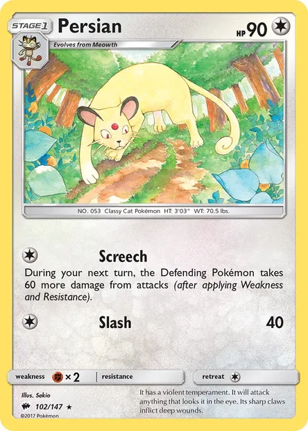 Persian, Pokémon card BUS 102 — Burning Shadows set