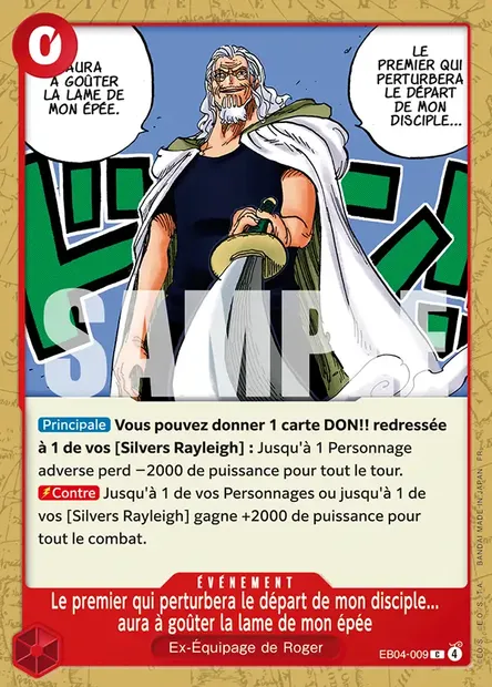 Le premier qui perturbera le départ de mon disciple... aura à goûter la lame de mon épée, carte One Piece EB04-009 — extension EGGHEAD CRISIS