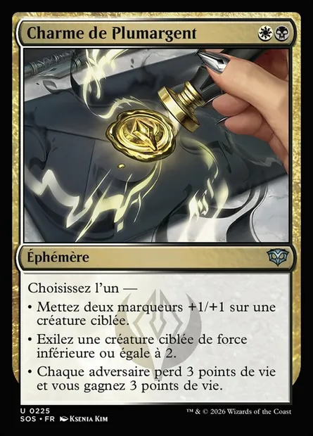 Charme de Plumargent, carte Magic SOS 225 — extension Secrets of Strixhaven