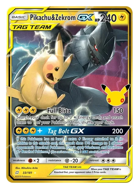 Pikachu et Zekrom GX, carte Pokémon 30C CC008 — extension 30ᵉ Anniversaire