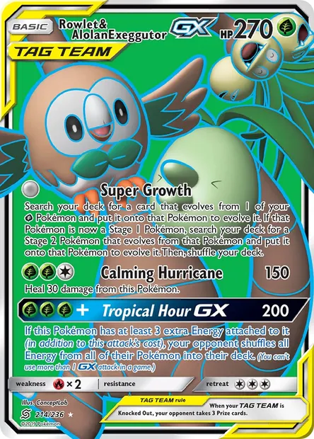 Rowlet & Alolan Exeggutor GX, Pokémon card UNM 214 — Unified Minds set