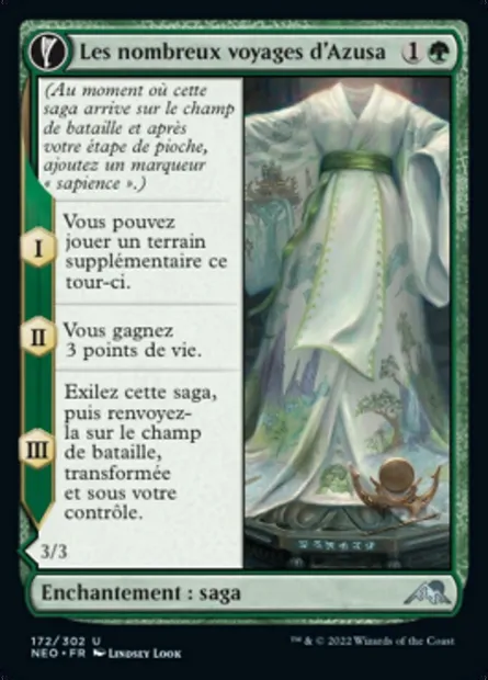Les nombreux voyages d'Azusa // Apparence de la quêteuse, carte Magic NEO 172 — extension Kamigawa: La Dynastie Néon