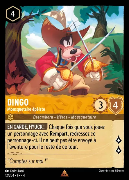 Dingo - Mousquetaire épéiste, carte Disney Lorcana CH4-012 — extension Le Retour d'Ursula