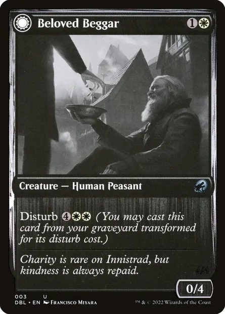 Mendiant adoré // Âme généreuse, carte Magic DBL 3 — extension Innistrad : Double Programme