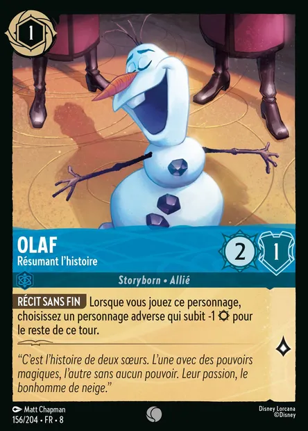 Olaf - Résumant l'histoire, carte Disney Lorcana CH8-156 — extension Le Règne de Jafar