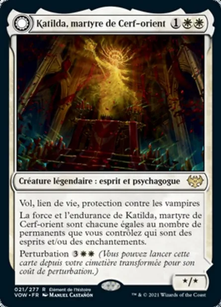 Katilda, martyre de Cerf-orient // Aube de Katilda, carte Magic VOW 21 — extension Innistrad : noce écarlate