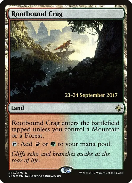 Rootbound Crag, Magic card PXLN 256s — Ixalan Promos set
