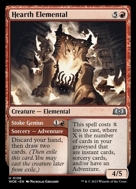 Hearth Elemental // Stoke Genius, Magic card WOE 136 — Wilds of Eldraine set