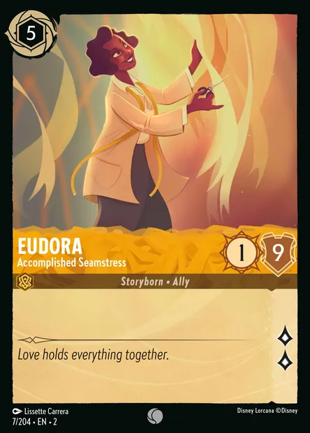 Eudora - Accomplished Seamstress, Disney Lorcana card CH2-007 — Rise of the Floodborn set
