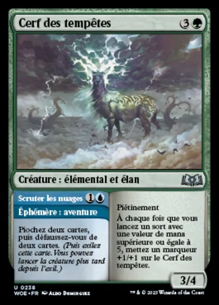 Cerf des tempêtes // Scruter les nuages, carte Magic WOE 238 — extension Wilds of Eldraine