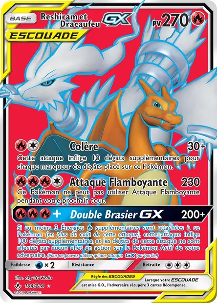 Reshiram et Dracaufeu GX, carte Pokémon UNB 194 — extension Alliance Infaillible