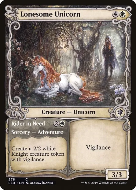 Licorne solitaire // Cavalière dans le besoin, carte Magic ELD 276 — extension Throne of Eldraine