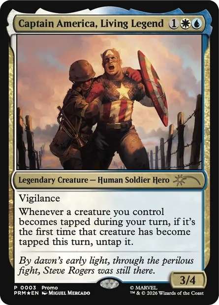 Captain America, légende vivante, carte Magic PMEI 2026-16 — extension Media and Collaboration Promos